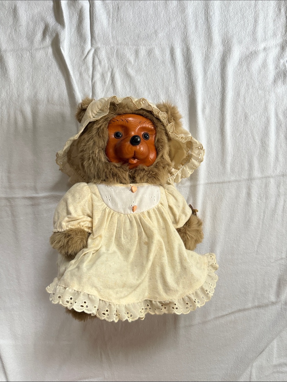 Plush Bear Doll in Cream Dress and Bonnet - Soft Cuddly Toy